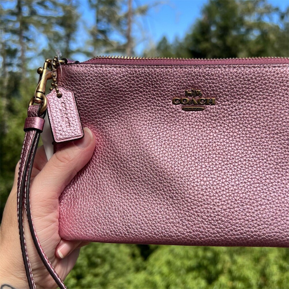 COACH Small Corner Zip Wristlet Wallet Pink Metallic Pebble Leather C7215 NWT - Picture 6 of 11